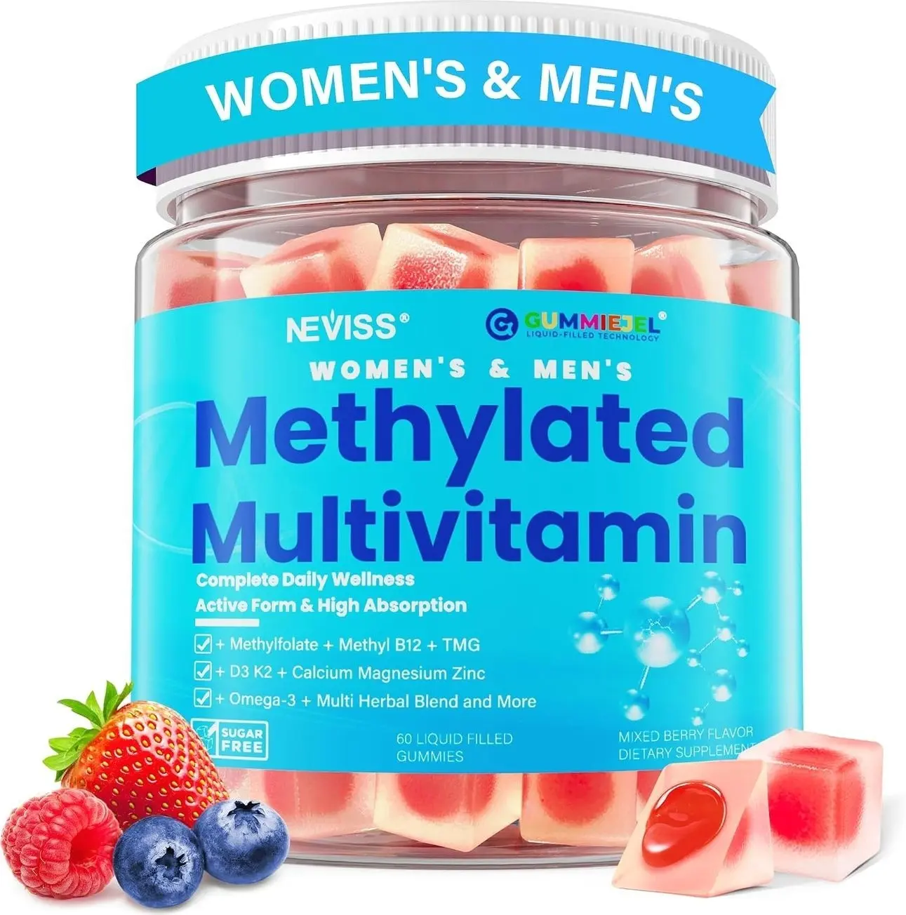 Methylated Multivitamin for Women & Men Gummies w/ Omega-3, Calcium, D3 K2, Methylfolate & B12, TMG, Daily Vitamin A, C, E, B Complex, Magnesium, CoQ10, Probiotic for Overall Health- Vegan, Sugar Free