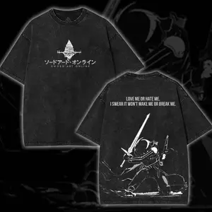 Sword Art Online SAO Kirito The Black Swordsman Japanese Retro Vintage Unisex Oversized Anime Graphic Tee – Trendy Y2K Acid Washed Double Printed Cotton T-Shirt, Outfits for Men, Manga Game, Oversize Shirt, Vintage Outfit, Gift for fan I3Y