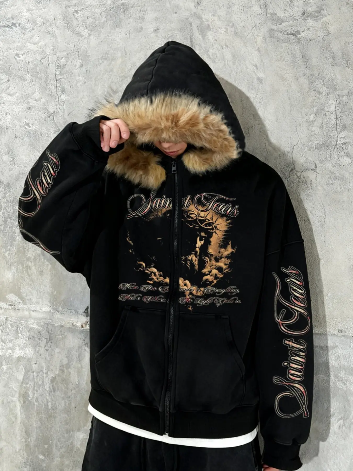 Unisex design, dark-themed street style, Long Sleeve, loose-fitting faux fur-collar hooded zip-up sweatshirt with the “Saint Tears” print pattern, Graphic hoodie, autumn/winter casual/party top suitable for streetwear, outdoor activities