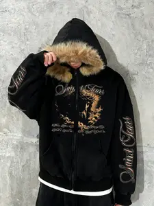 Unisex design, dark-themed street style, Long Sleeve, loose-fitting faux fur-collar hooded zip-up sweatshirt with the “Saint Tears” print pattern, religious aesthetics, trendy autumn/winter casual/party top suitable for streetwear, outdoor activities