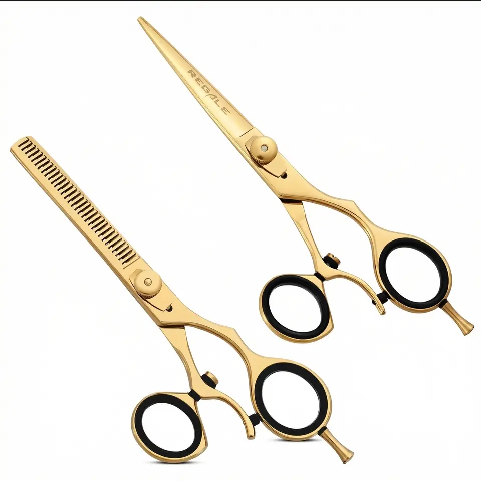 Swivel Thumb Barber Shear Set, Professional 2-Piece Gold Kit with Adjustable Stainless Steel Cutting & Thinning Scissors for Smooth Haircare, Handle, Barber Equipment, Two Piece Set, Precision Cut