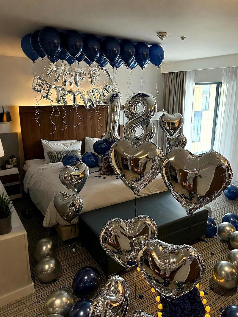 61pcs Silver and Blue Balloon Set for Party Holiday and Birthday Includes 16 Inch Foil Letter Balloons Silver Heart Foil Balloons Metallic Silver and Matte Navy Blue Latex Balloons Red Light Eye Therapy Mask Plastic Dice PE Material Multicolor Decorations