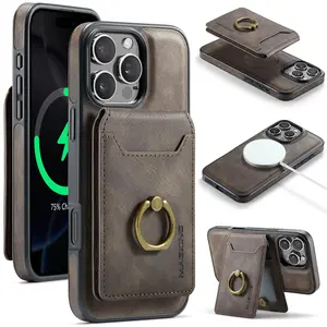 2 in 1 Leather Magnetic Ring Card Case, Anti-theft Credit Card Holder for Business Men, Phone Case for iPhone 16 15 14Plus 13 12 11 Pro Max, Cover, Accessories
