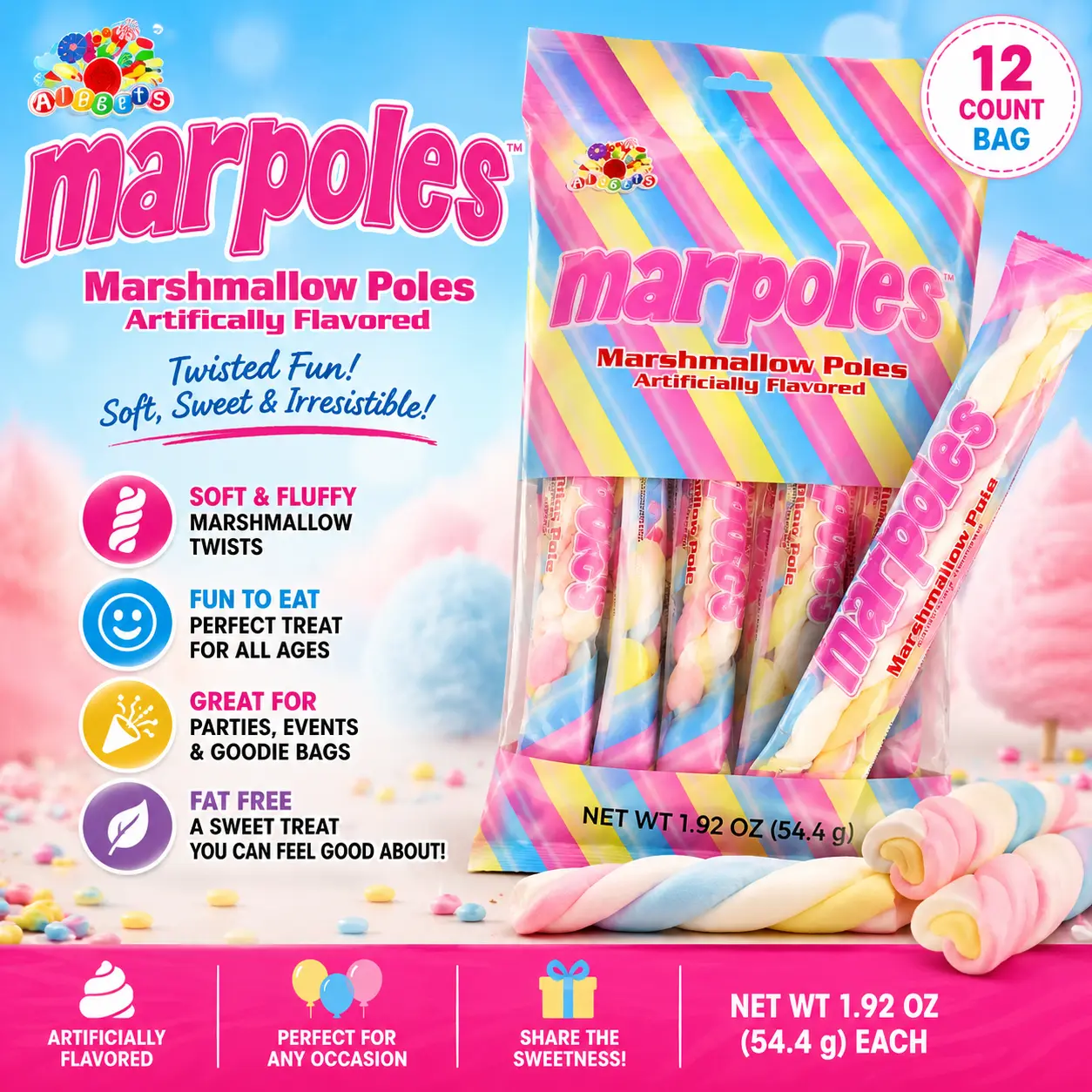 Alberts Marpoles Marshmallow Twist Poles 1.91 oz 12 Count Soft Marshmallow Candy Sticks