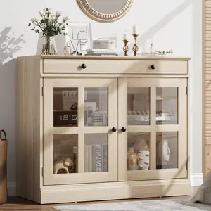 Modern Sideboard Cabinet with Glass Doors – Storage Buffet with Drawer & Adjustable Shelf for Kitchen or Entryway
