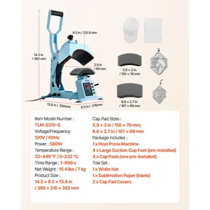 VEVOR Hat Heat Press Machine, with 2 Interchangeable Platens and Caps Stretcher, Precise Temperature Time Control, Heat Press for Hats and Caps, for HTV Iron On and Sublimation Projects, Light Blue