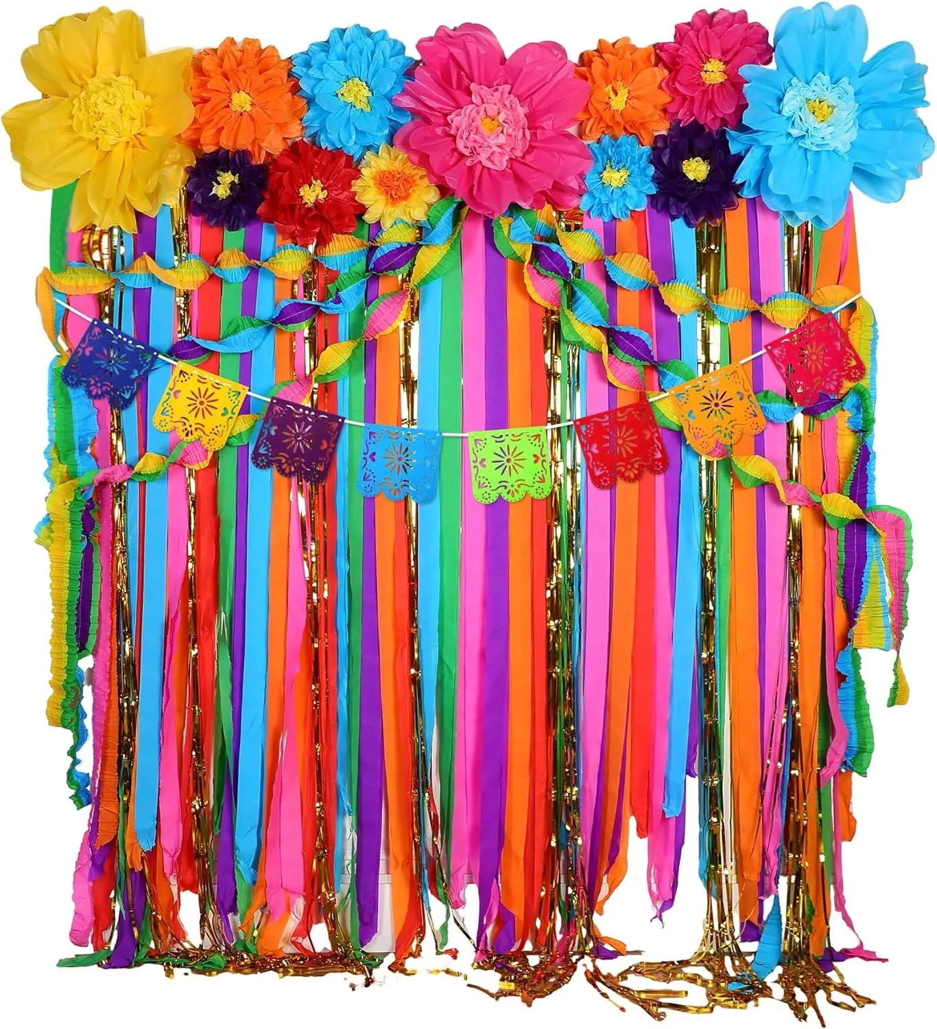 TaoBary 28 Pcs Mexican Party Decorations Set Mexican Paper Flowers Fiesta Ruffled Streamer Backdrop Papel Picado Banner Mexico Party Decorations for Cinco De Mayo Decor(Multicolored,Classic)