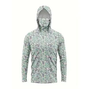 Men'S Camo Hooded Fishing Shirt, Quick-Dry Polyester 100% Acetate Sweatshirt, Long Sleeve Outdoor Sports Hoodie with Sun Protection, Knit Fabric, Medium Stretch, for Hiking, Camping, Beach, Fishing - Universal Fit