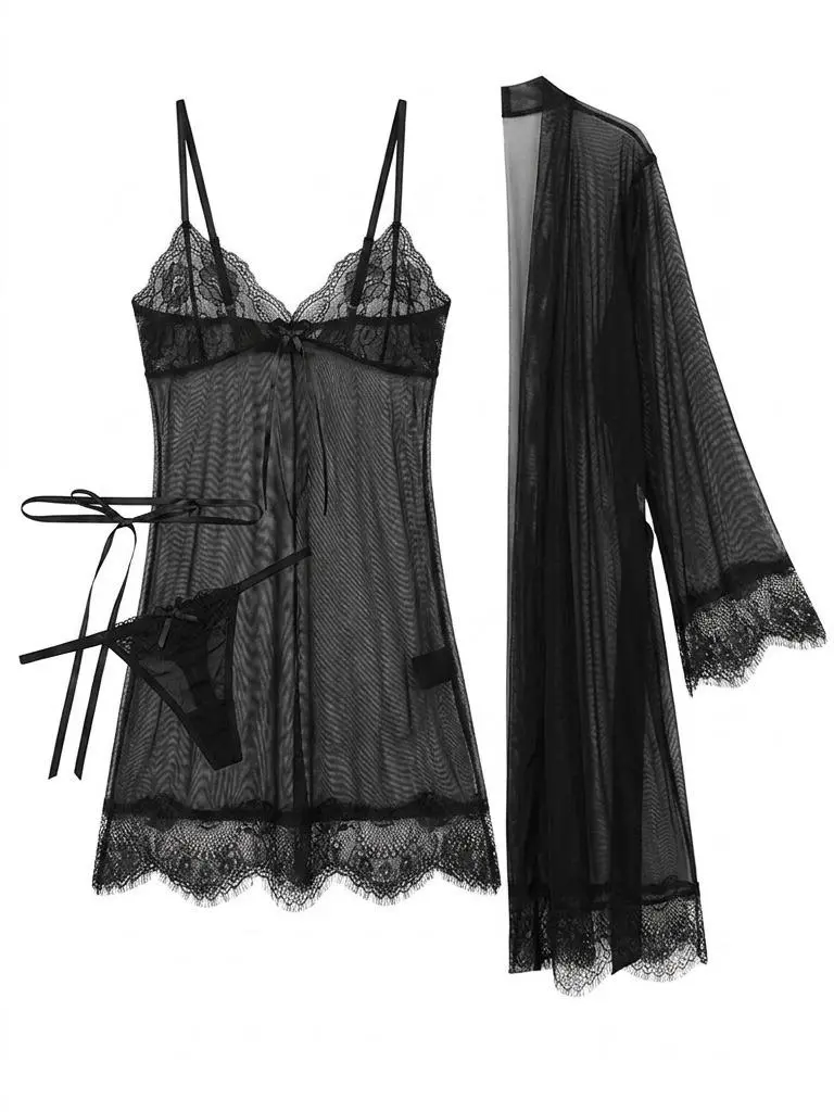 Women’s 3 Piece Lace Lingerie Set with Sheer Robe, Sexy Mesh Babydoll Nightwear, Romantic Sleepwear Gift