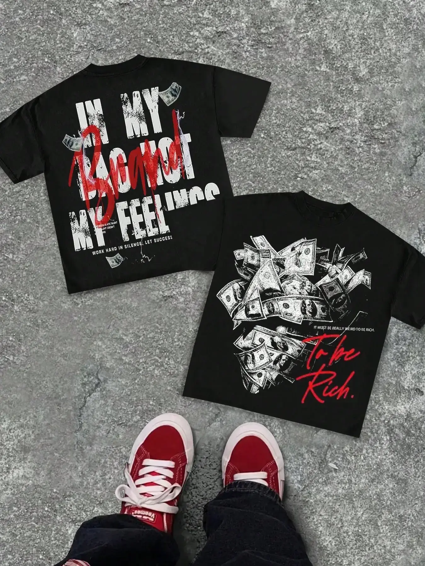 Oversized Black Graphic T-Shirt Menswear Fashion | Y2K Streetwear Hustle Money Print Tee | 'To Be Rich' Statement Top for Hip-Hop Night Out & Street Style