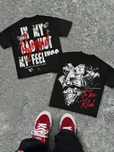 Oversized Black Graphic T-Shirt Menswear Fashion | Y2K Streetwear Hustle Money Print Tee | 'To Be Rich' Statement Top for Hip-Hop Night Out & Street Style