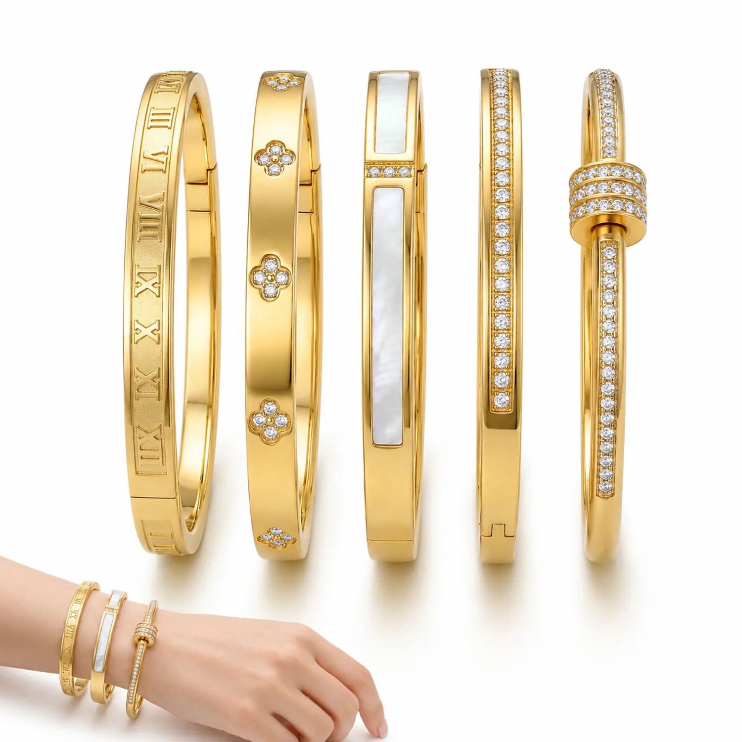 5-Piece Waterproof Titanium Steel Bracelet Set, Rhinestone Star Design, Plated, Versatile Style, Unisex Jewelry, Stackable Bracelets