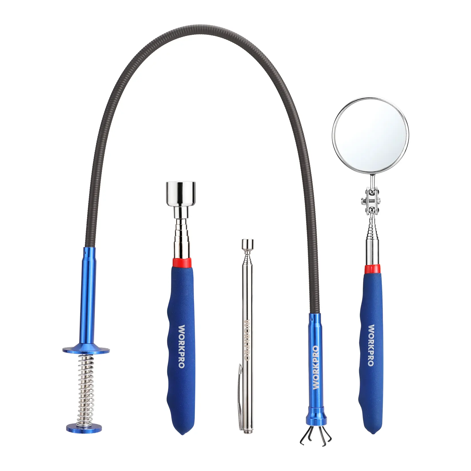 WORKPRO 4Pack Telescoping Magnetic Pick Up Tool Kit, Includes Telescoping Inspection Mirror, 2Pack Magnetic Pick Up Tool And Four Claw Grabber Tool, Pick Up Grab Tool Set For Auto Repair