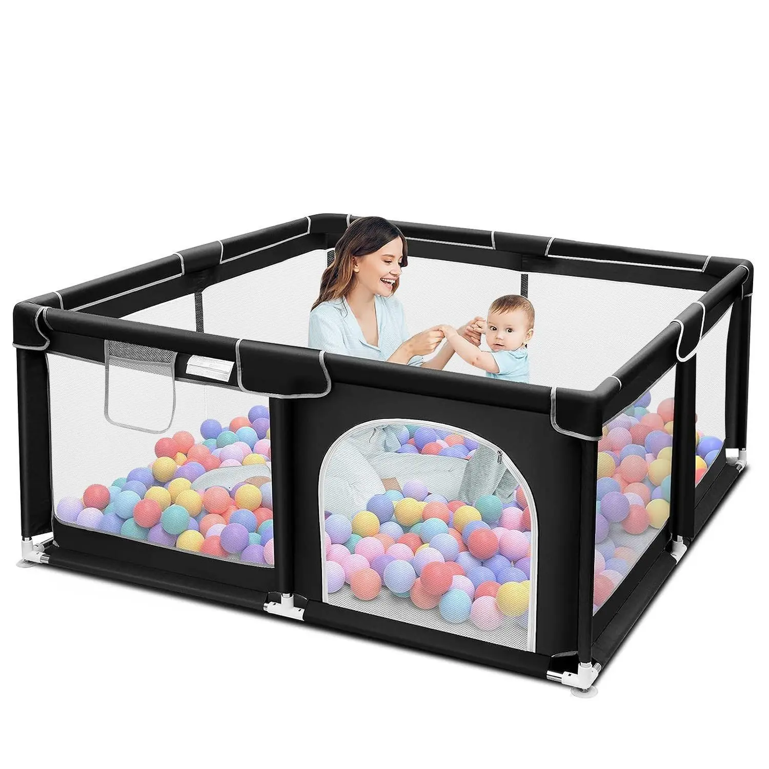 Baby Playpen, Sturdy & Safe Playard with Soft Breathable Mesh for Indoor & Outdoor Use, Portable Baby Fence for Babies & Toddlers,Gift,Black