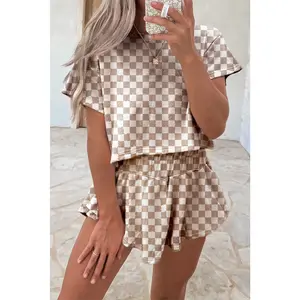 Brown Checkerboard T Shirt and High Waist Skorts 2 Piece Outfit