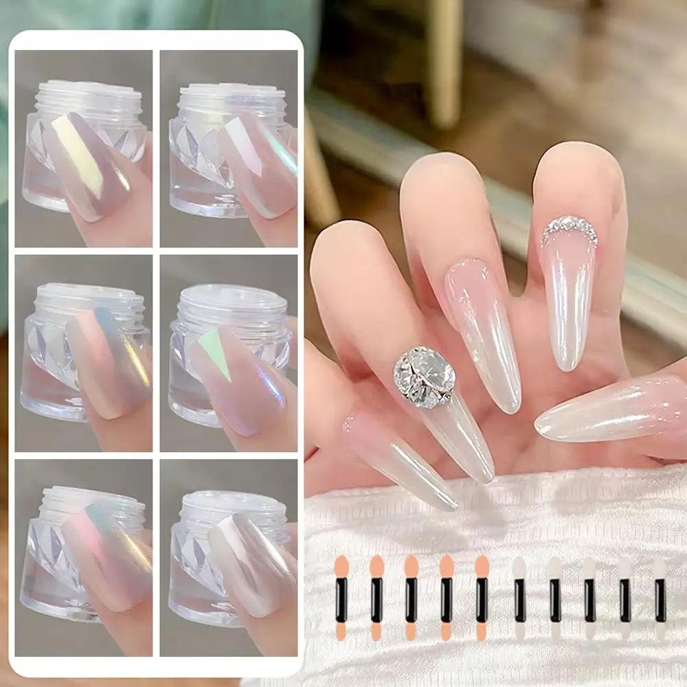 6Colors Pearl White Moonlight Mirror Chrome Nail Powder Glitter Aurora Shiny Pigment Chrome Dust Powder Nail Art Decoration