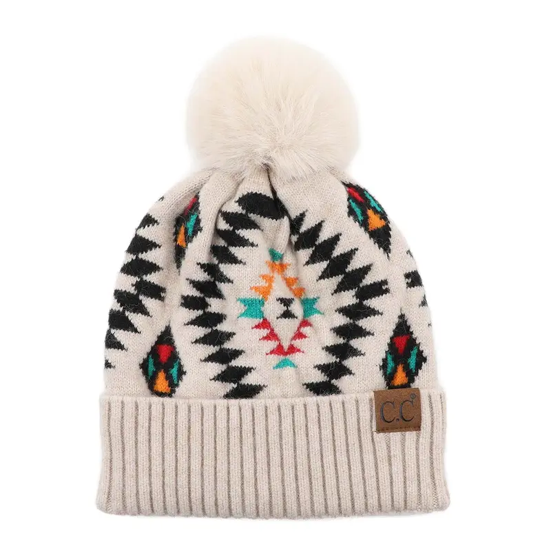 CC Authentic Aztec Design Chunky Cable Knit Beanie with Faux Fur Pom - Winter Warm Stretch Hat for Men & Women - HAT 3001