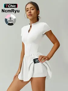 Women's Sporty Plain Color Waist Cinched Short Sleeve Jumpsuit, Anti-Slip Inner Pocket Front Zip Design, Yoga Tennis Gym Training Outdoors, Sports Jumpsuit