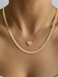 Elegant French Stacked Jewelry, Minimal Heart & Herringbone Necklace, Stylish Accessory for Everyday Wear, Perfect Gift Idea