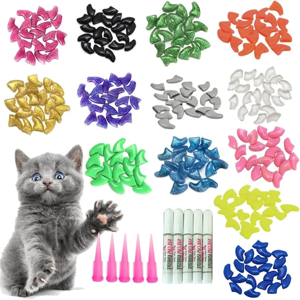 Cat & Kitten Vinyl Resin Claw Cover Kit - 100pcs Colorful Set, 10 Nail Caps, 5 Adhesive Glue Tubes, 5 Applicators, Instructions, Surface Protection Scratch Guard for Doors (10 Different Colors)