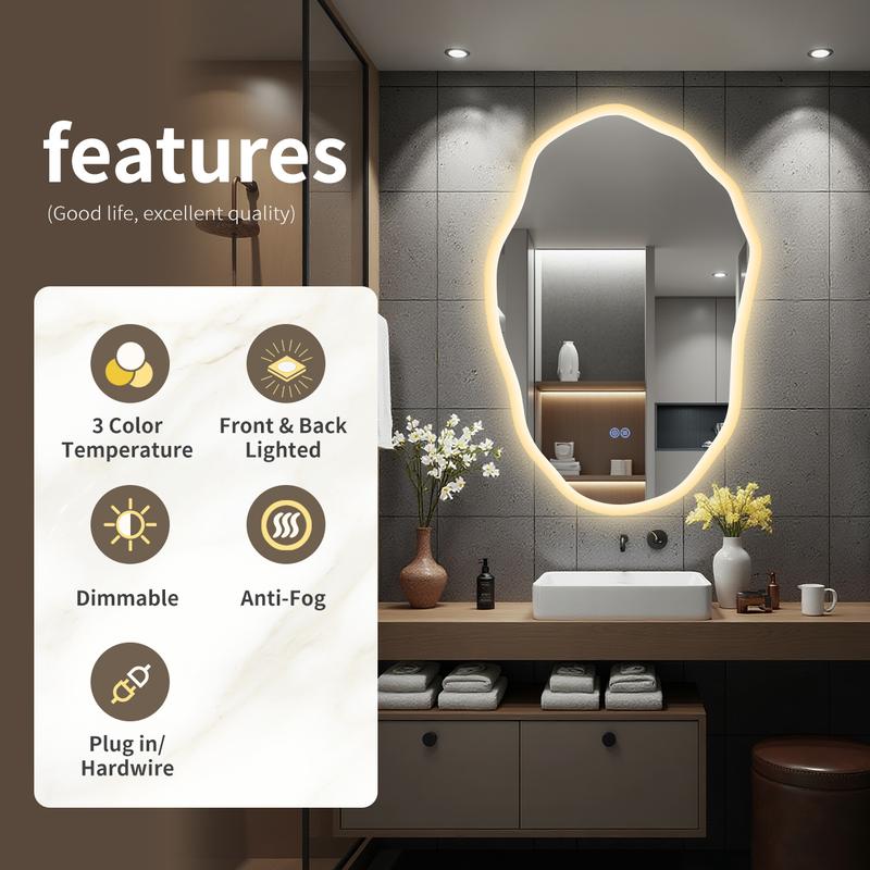 Irregular Shape Frameless Lighted Bathroom Vanity Mirror Backlit Front Lit Dimmable Anti Fog Wall Mounted Modern Design