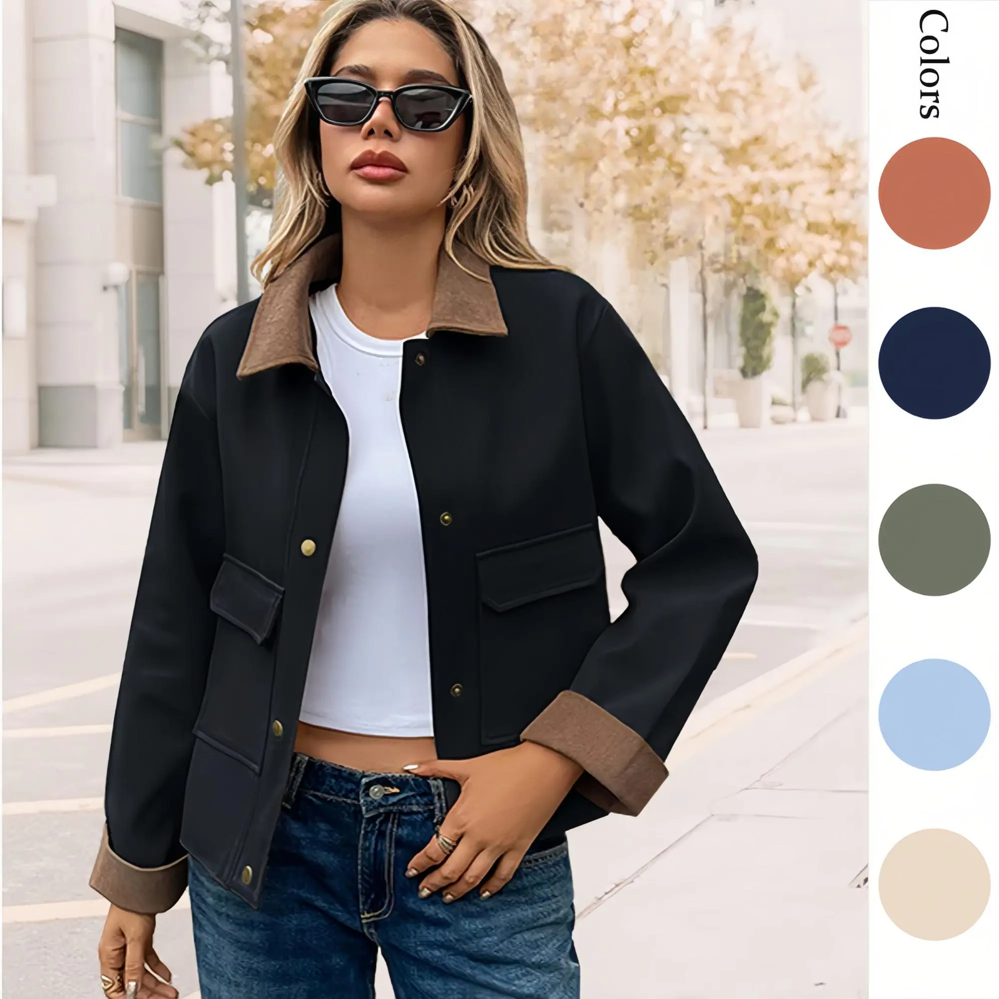 Women's Cropped Contrast Collar Utility Jacket - Button-Down Barn Coat, Loose Fit Soft Polyester Fabric Tops, Fall Casual Cargo Outerwear