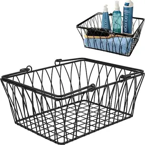 Twist Wire Basket for Organizing (Medium, Black) - Sturdy Farmhouse Pantry Basket Storage with Handles - Wire Storage Basket Organizer for Kitchen, Shelf, Closet, Bathroom & More Steel Traditional