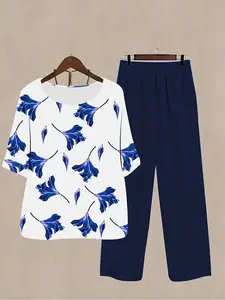 Fashion Round Neck Short Sleeve Floral Top and Patchwork Print Pants Set, Casual Loose Two-Piece for Outdoor Indoor Commuting