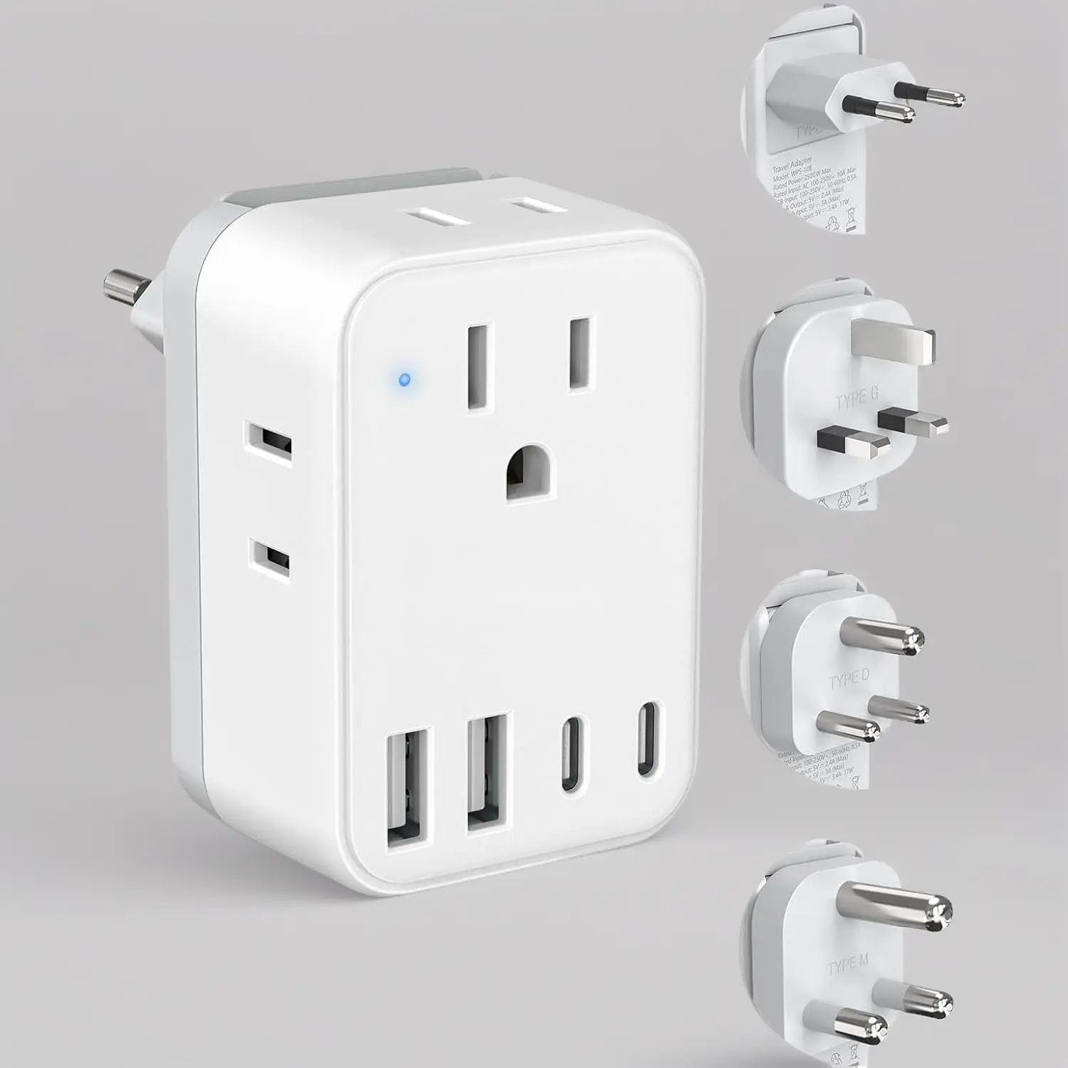 European Travel Plug Adapter, Universal Power Adapter with 4 AC Outlets & 4 USB Ports (2 USB C), US to UK/EU/South Africa/India, Detachable Plug Type G/C/M/D for Travel Kit