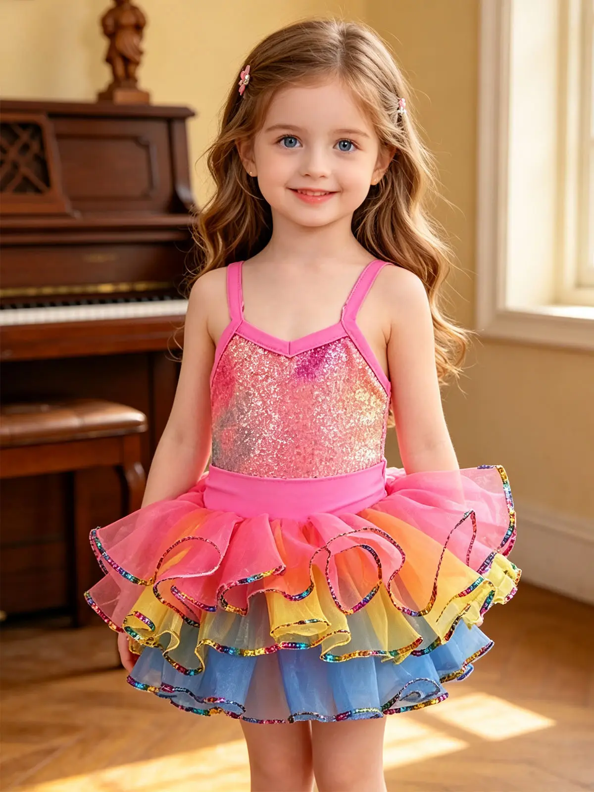 Girls' Rainbow Sequin Spaghetti Strap Ballet Tutu Dress, Multi-Layer Ruffle Tulle Skirt, Toddler Kids Dance Performance Costume (Multiple Colors Available) school gift