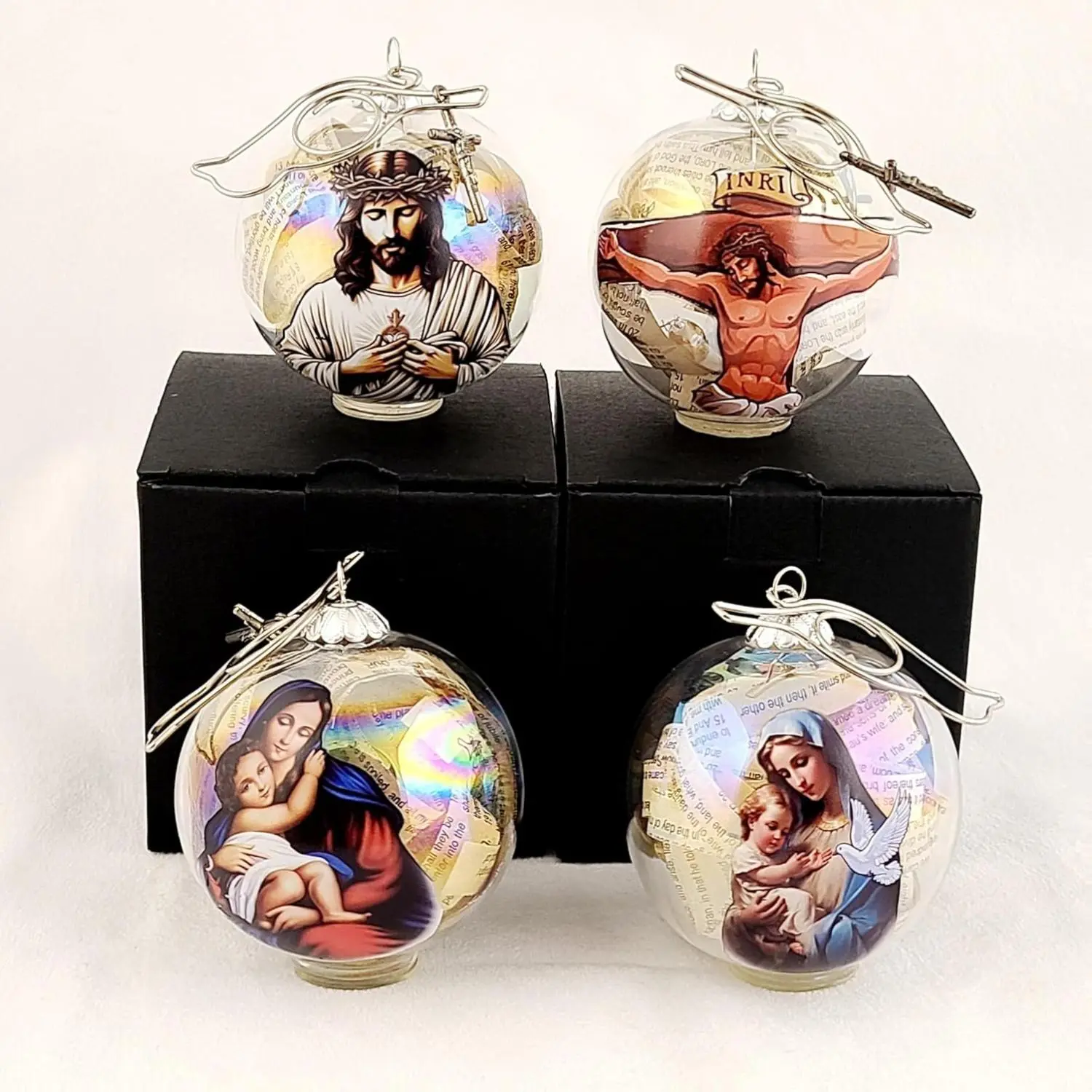 Handcrafted Religious Glass Ornaments – Set of 4 (60mm) Bible-Inspired Christian Decorations with Pearl Iridescent Finish, Featuring Jesus and Madonna Imagery 2025 for Thanksgiving, Christmas