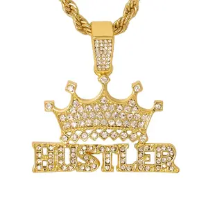 Iced Medium Hustler Pendant with 4mm 24" Rope Base Chain Accent Necklace, Base Chain Necklaces, Chain Accent Necklaces