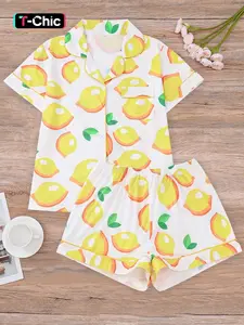 Women's All Over Lemon Print Shirt & Elastic Waist Shorts Pyjama Two-piece Set, Casual Comfy Short Sleeve Collared Top & Shorts PJ Set, Ladies Sleepwear for All Seasons Pajamas Sets