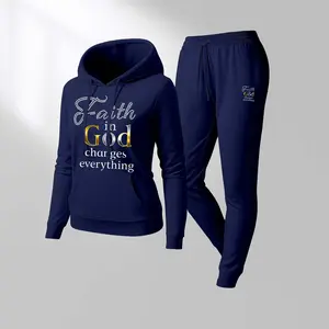 Women's Faith In God Changes Everything Print Hoodie And Drawstring Track Pants Set, Casual Sportswear, Long-Sleeved Hooded Jacket And Pants, Suitable For Autumn And Winter, Everyday Wear, Indoor And Outdoor Sportswear, Casual Sportswear.