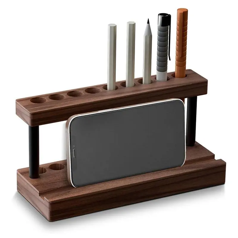 Pencil & Pen Holder for Desk,Walnut Pen Display Stand with 9 Slots and Cell Phone Holder,Aesthetic Pen Organizer