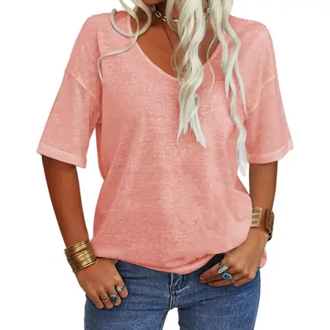 Tankaneo Women Fashion V-Neck Half Sleeves Oversized T Shirt Solid Casual Loose Basic Tops
