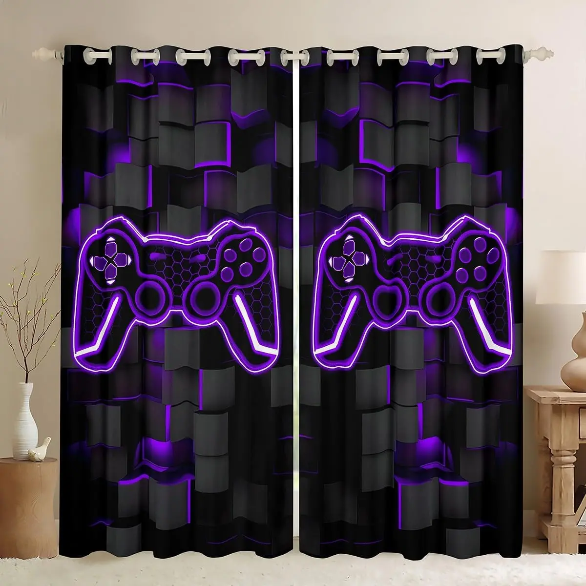 Feelyou Gamer Curtains - Boys Game Controller 30%-50% Blackout Privacy Grommet Drapes, 2-Panel Purple Black Home Decoration Curtain, Gaming Gifts for Window Treatments, Privacy Grommet Curtains