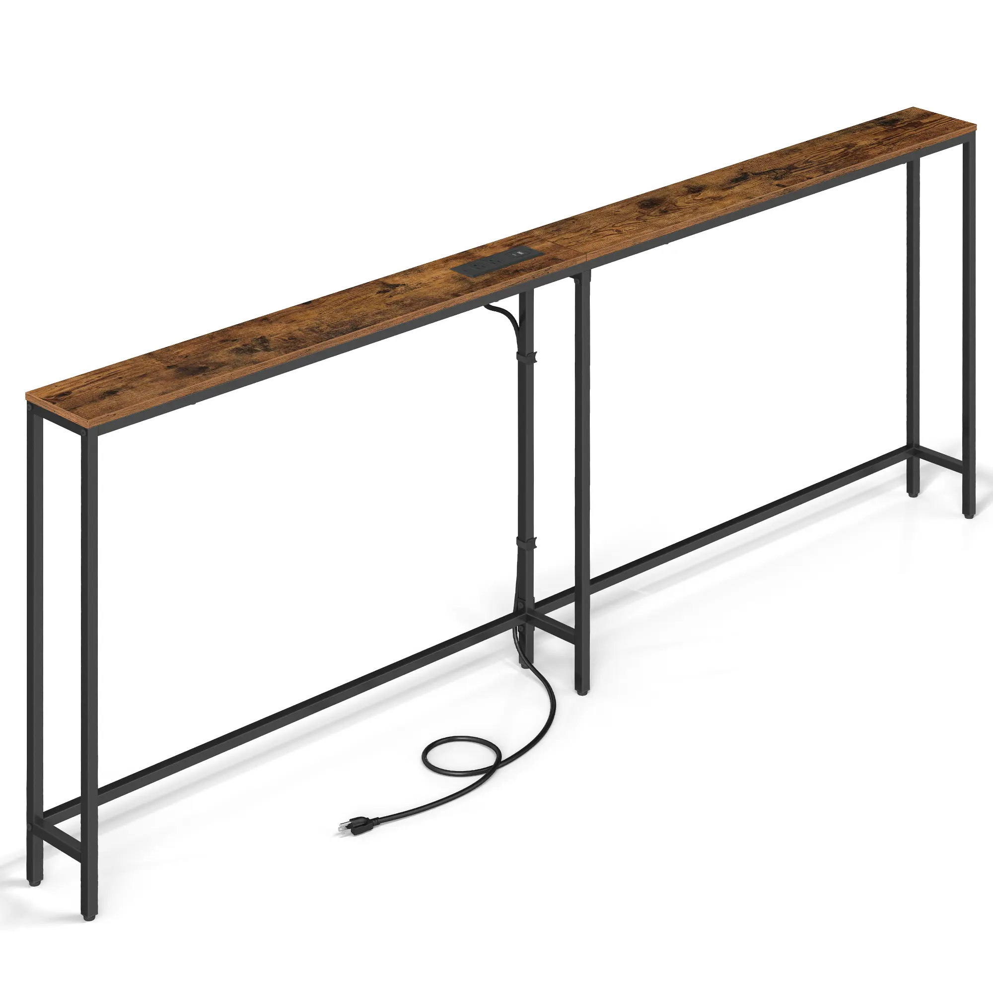 VASAGLE 78.8" Wooden-Metal Narrow Rectangular Console Table - Leg Base, Outlets, 2 Hooks, Easy Assembly - Modern Skinny Entryway Hallway Furniture, Living Room Furniture, Wooden Console Table, Table With Outlets Living Room Furniture