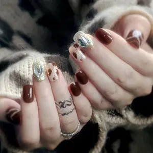 Autumn and winter simple rhinestone manicure finished product, short detachable press-on nails, fake nails, removable nail pieces, press-on nails wholesale Q2Nail Glue and Nail File Set Included Full Cover Fake Nails Coffin Press on Nails