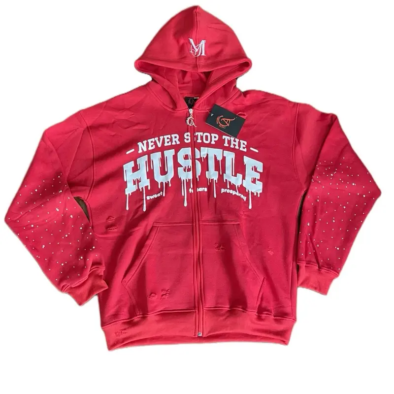 HU$TLE Set️ Red/Black Hoodie with 'NEVER STOP THE HUSTLE' Print Full-Zip for Stylish and Comfortable Wear