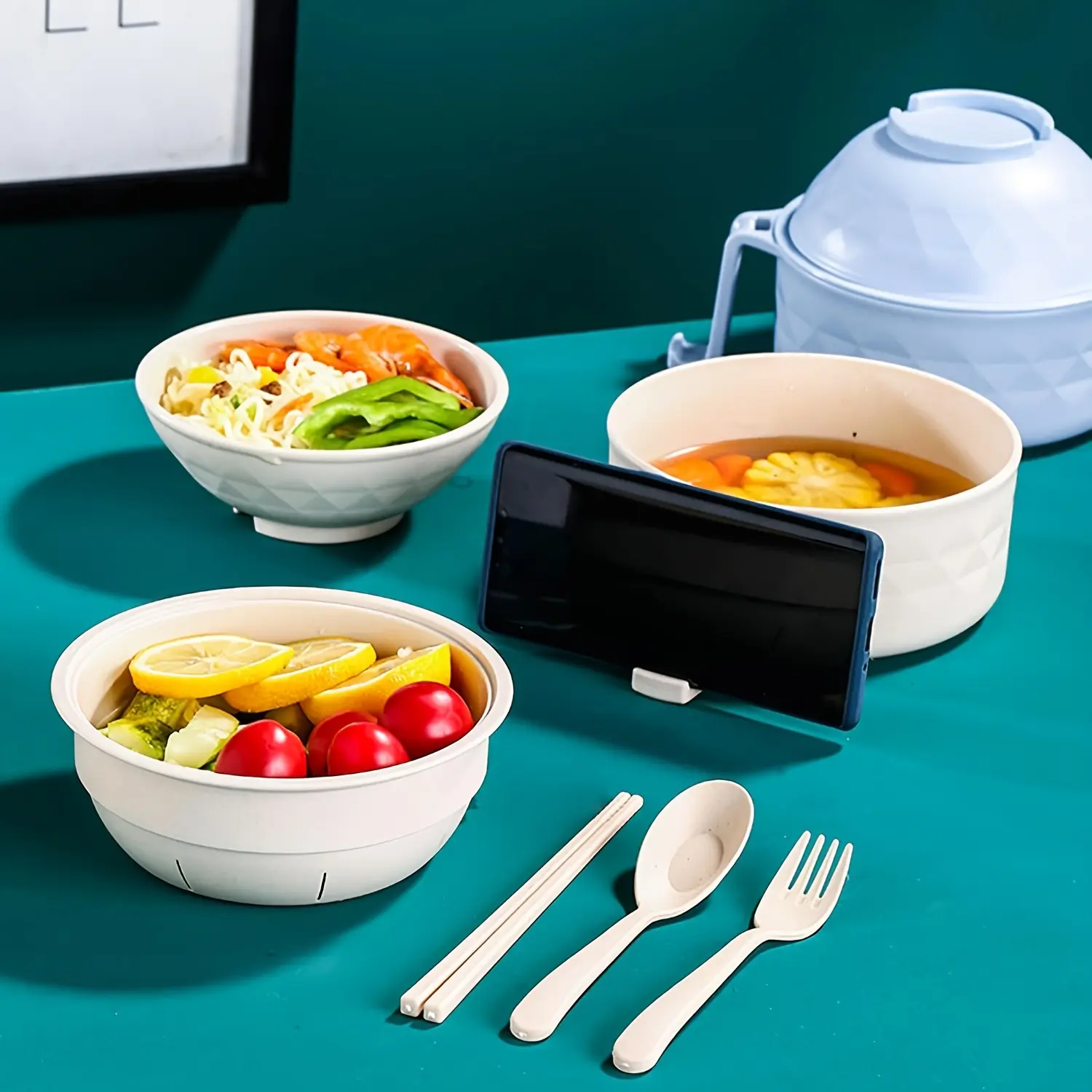 6Pcs Wheat Straw Ramen Bowl Set Portable Microwave Safe Instant Noodle Bowl With Lid Spoon Fork Chopsticks