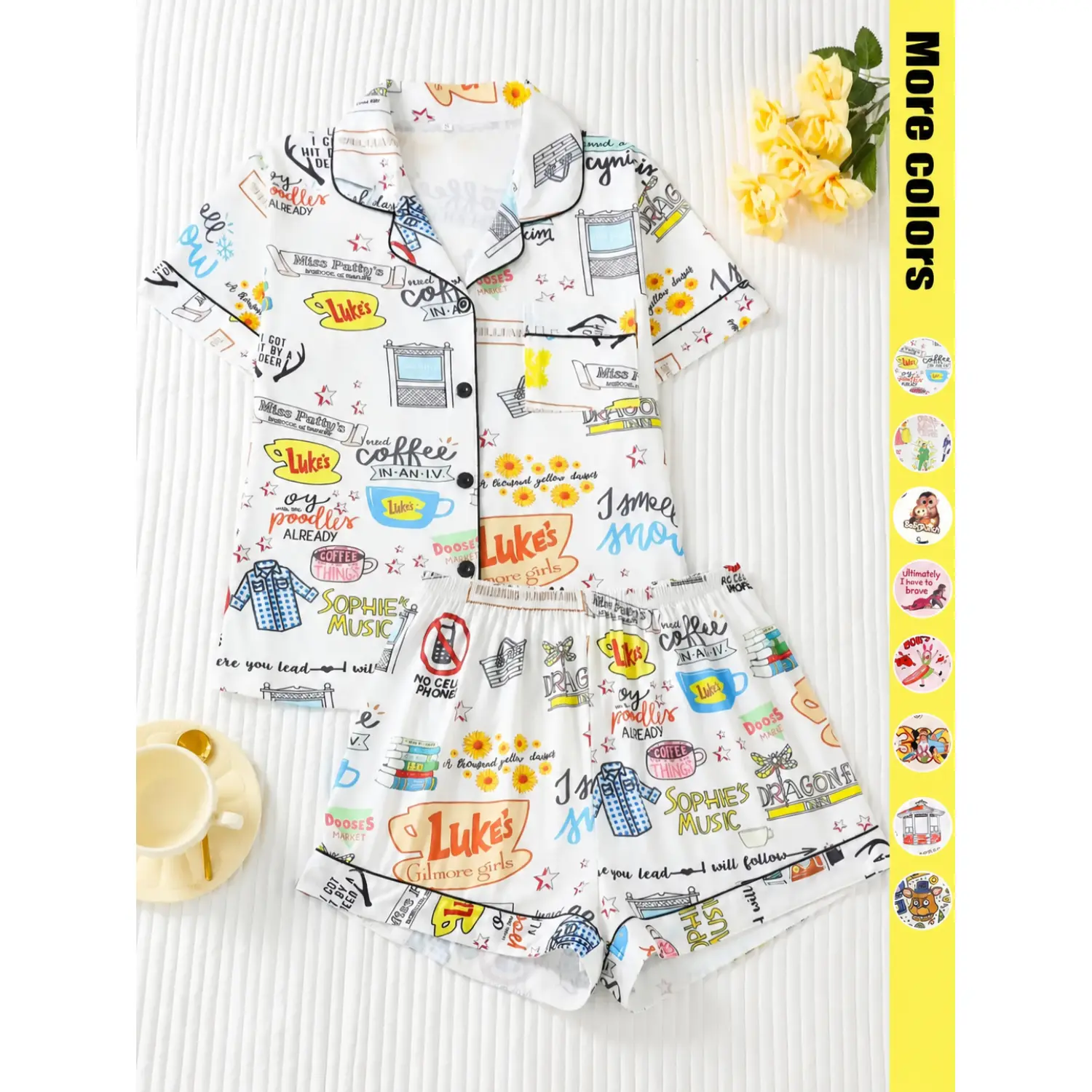 Elegant Ladies' Cartoon Print Pajama Set, Casual Summer Sleepwear with Elastic Shorts & Button-Down Top
