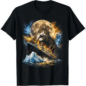 Giant Cat Sinking Titanic Ship Iceberg Bootleg T-Shirt Durable Cotton Tee
