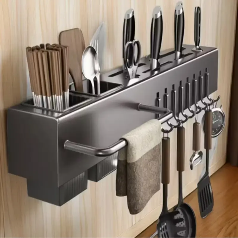 Multifunctional Wall-Mounted Kitchen Storage Rack, Kitchenware, Kitchen Utensil Holder, Heavy-Duty Steel Charcoal Holder, No Drilling Required, Easy To Clean, Anti-Rust, Space-Saving, Home