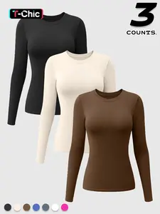 3-Pack Women's Long Sleeve Athletic Fitted Sporty Tops, Round Neck Tight-Fit Gym Shirts, Comfortable Daily Wear, Workout Activewear