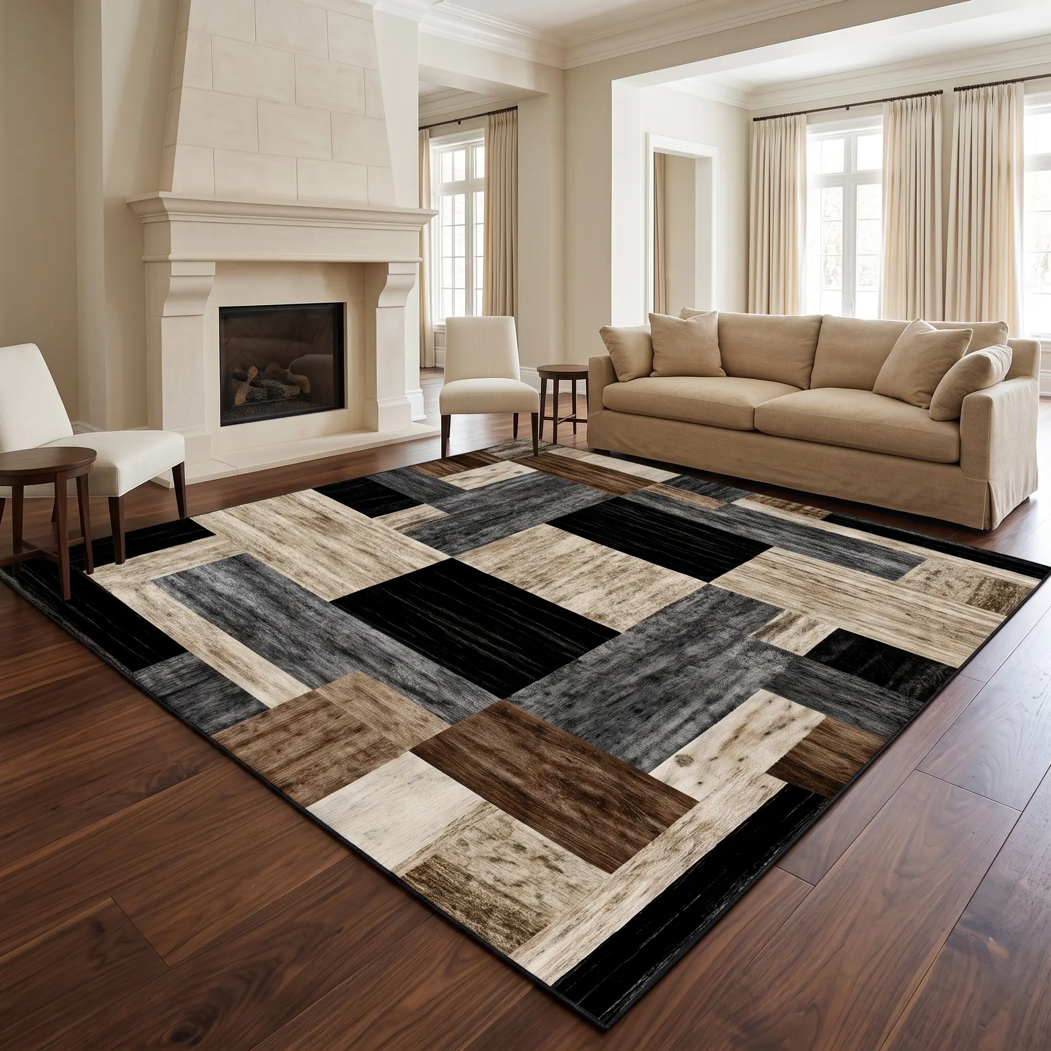 Black Brown Geometric Patchwork Washable Area Rug 8x10 5x8 4x6, Soft Velvet Low Pile Non Slip Indoor Carpet, Modern Abstract Rug for Living Room Bedroom Dining Decor