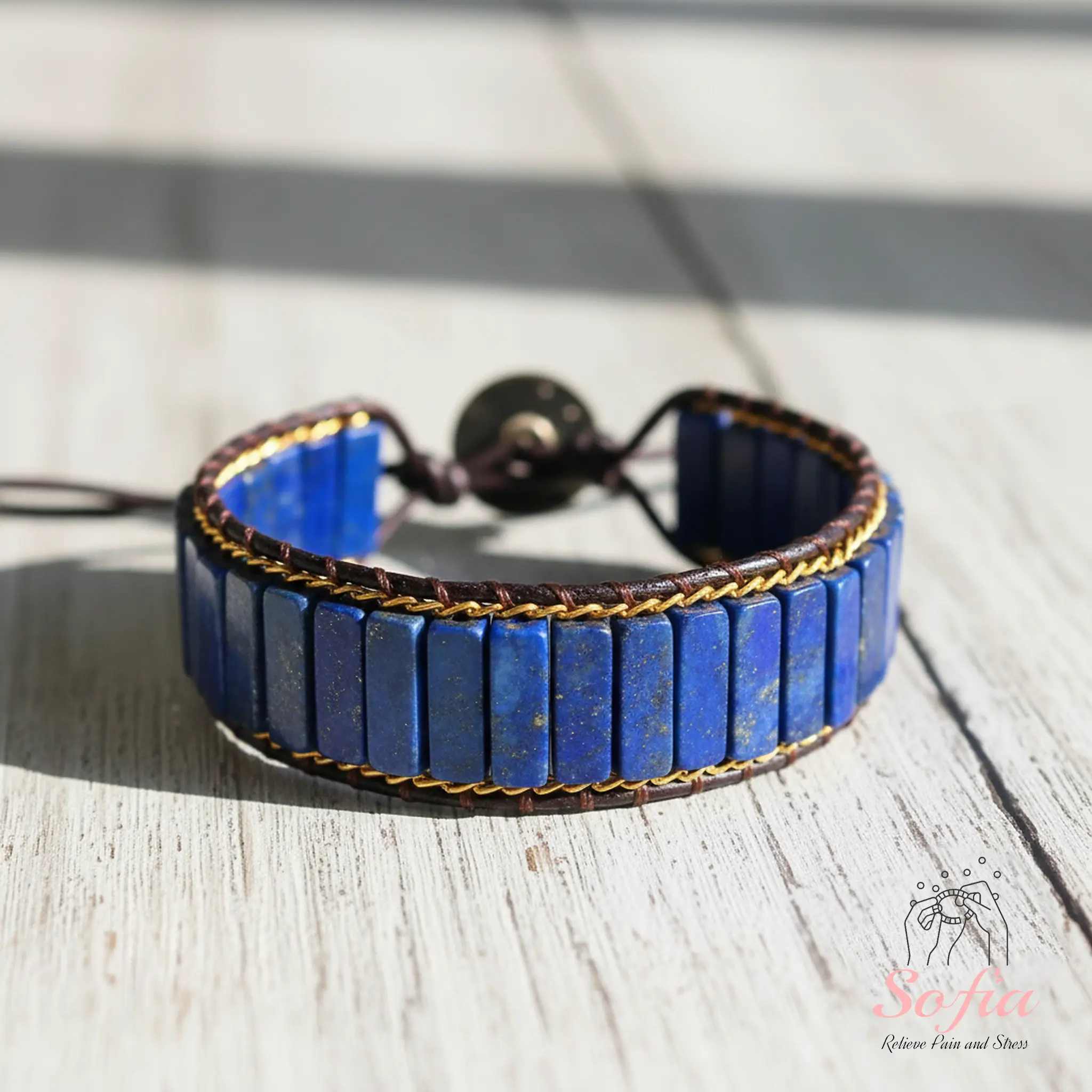 Handmade Sofia Blue Natural Stone Lapis Lazuli Gemstone Tube Bracelet, Unique Braided Boho Style, Adjustable, Meaningful High-Quality Daily Wear Jewelry Gift for Him