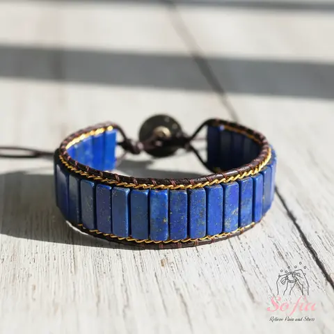 Handmade Boho Braids Sofia Blue Lapis Lazuli Natural Stone Tube Bracelet, Unisex 6.5-7.5 Inches Adjustable High-Quality Daily Wear Jewelry, 2-Month Quality Assurance Gift for Him