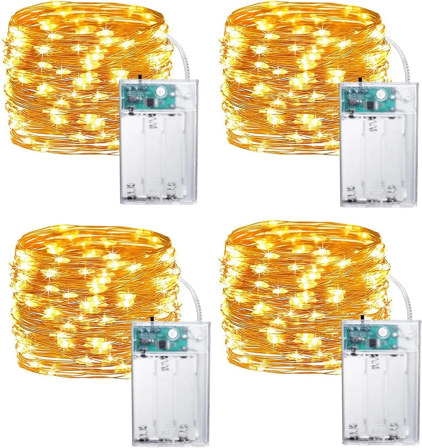 FLACCHI 4-Pack Battery-Operated Silver Copper Wire Starry Lights, 17FT 50 LED Each (Individual Packs), Warm White with Timer+On/Off, Easy-Install Indoor Led Lights for Bedroom DIY Decor