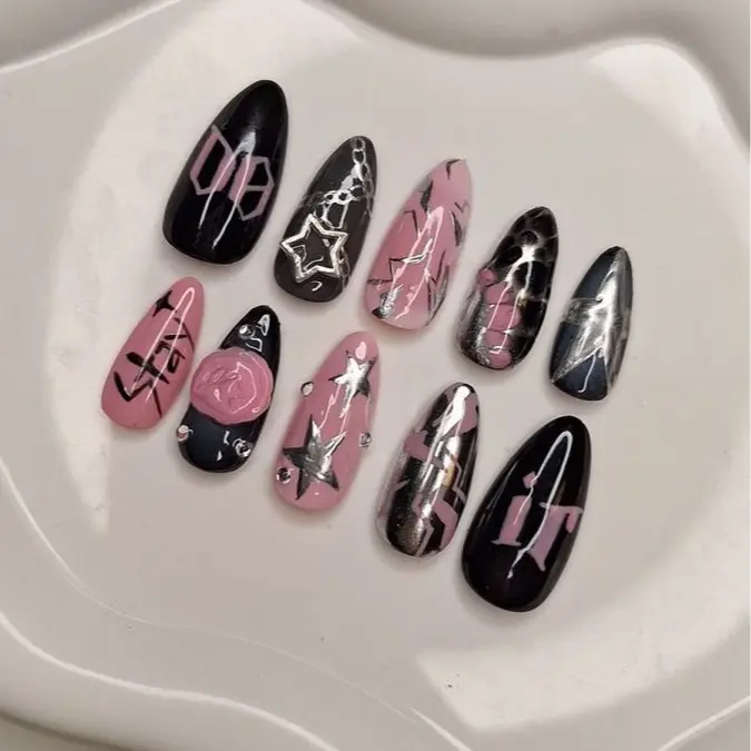 Stray Kid Inspired Press On Nails Handmade Black Pink Y2K 3D Rose Star Kpop Gel Nail Set with Nail Kit | Free Adhesive Tabs Nail File & Cuticle Stick